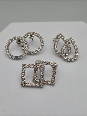 3 Pair Silver Tone Rhinestone Geometric Earrings Circle Teardrop Square New